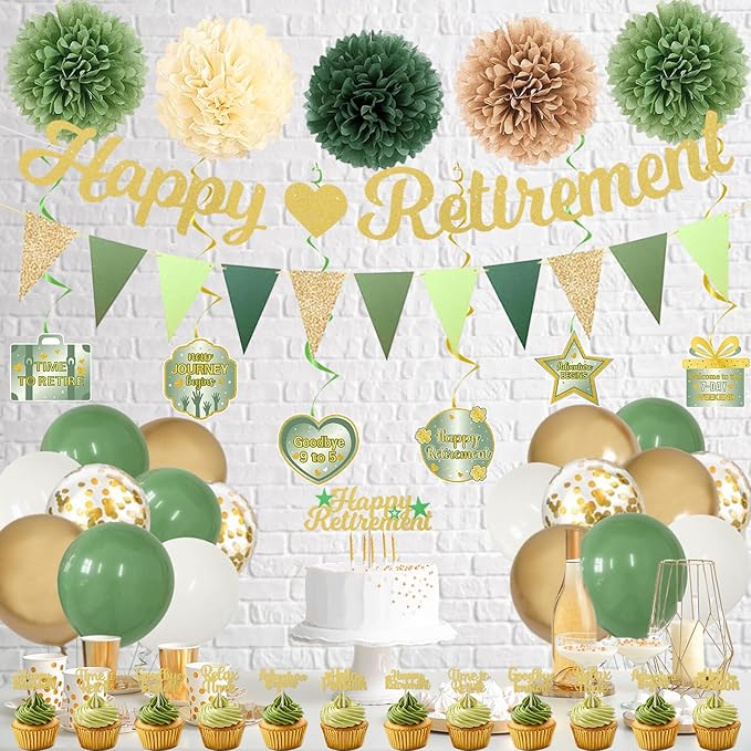 Roetyce Retirement Party Decorations Women Men, Green Happy Retirement Banner Balloons Cake Topper Hanging Swirls Pompoms Kit, Sage Green Office Retired Party Supplies for Coworker