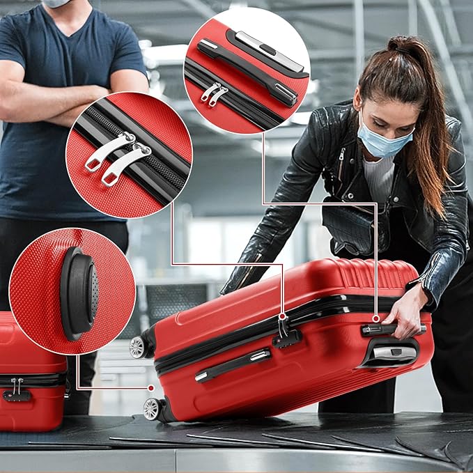 Karl home Luggage Sets 3 Piece, Hardside Carry on Suitcase Sets with Spinner Wheels & TSA lock, Portable Lightweight ABS Luggages for Travel, Business - Bright Red, 20/24/28in