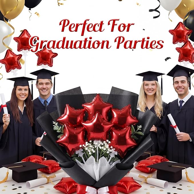 30 Pcs Star Self Inflatable Balloons with Bow Stems Star Foil Balloons Mini Pentagram Decoration for Patriotic Independence Day Graduation Birthday Baby Shower Anniversary(Red,4 Inches)