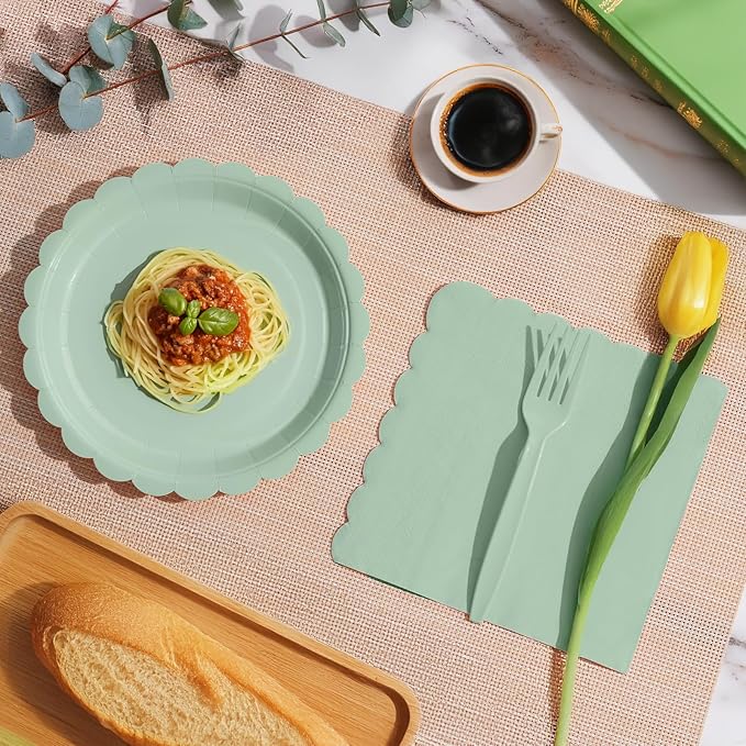 105PCS Paper Plates and Napkins Set,7 Inch Scalloped Disposable Tableware with Forks for Birthdays, Garden Parties & Outdoor Events,Serves 35 (Sage Green)