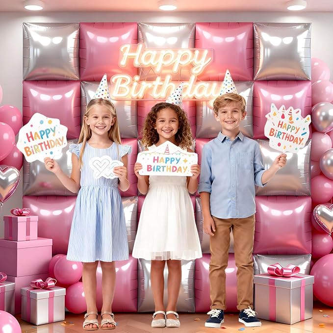 50Pcs Pink and Silver Square Foil Balloons Wall Backdrop, Double Sided Metallic Foil Balloons Tunnel Arch Garland Kit for Photo Booth Birthday Wedding Halloween Christmas Party Decorations