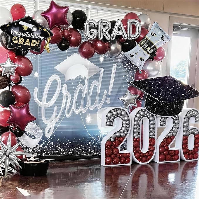 Red Graduation Balloons Garland Arch Kit, 115PCS Red Black Silver Graduation Star Print Cap Certificate Grad Foil Balloon with Silver Explosion Star Balloon for Graduate Class of 2026 Prom Party Decor
