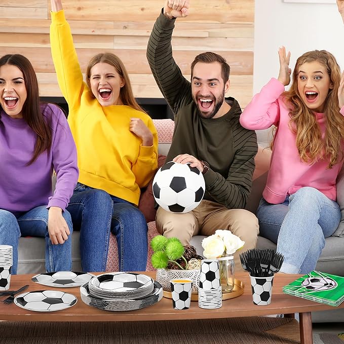 Kochorie 144 Pieces Football Party Supplies, Sports Tableware Sets Including Disposable Paper Plates Napkins Cups Forks Serves 24 for Soccer Games Birthday Football Party Decorations