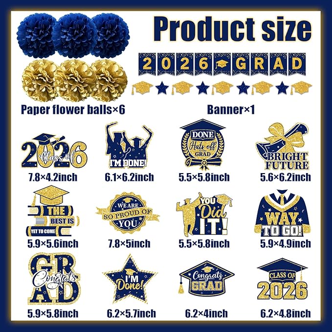 Navy Blue Graduation Decorations, 2026 Grad Banner and Congrats Grad Hanging Swirls, Navy Blue and Gold Graduation Banner Graduations Hanging Swirls College Graduations Party Decoration Class of 2026
