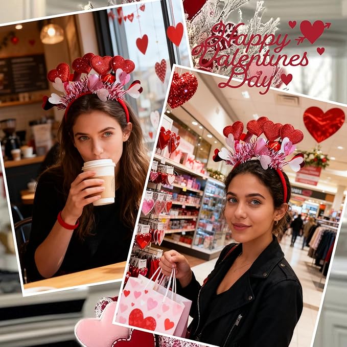 Valentines Headband with Sequin Heart Hair Accessories shiny pink Tassel Head Bopper red heart headbands for Women New Year Party Props Holiday Wedding Birthday Costume Accessory 1pcs