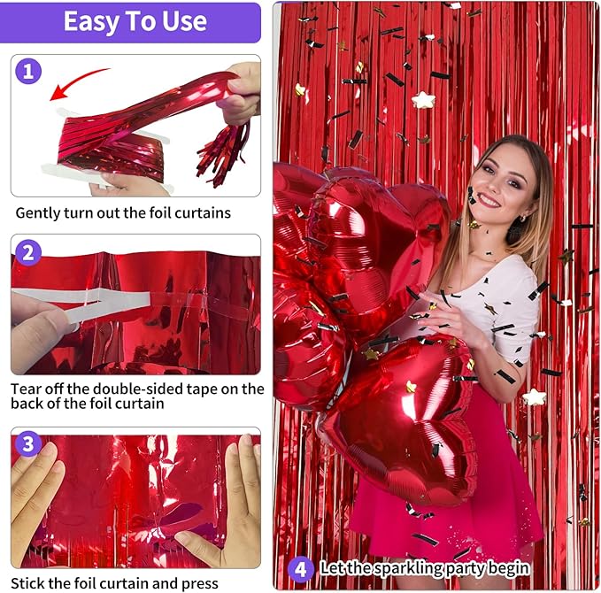 Valentines Day Decorations - Red Tinsel Backdrop Galentines Day Decorations 3.3x8.2ft, 2 Pack Foil Fringe Curtains Photo Booth Props for Birthday Party, Red Streamer Backdrop for Christmas