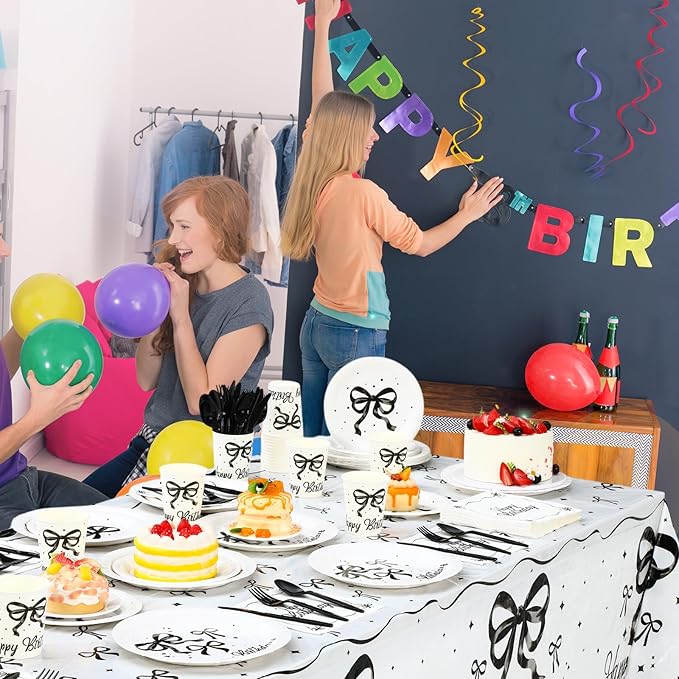 Pickmesh 194 Pcs Black Bow Birthday Decoration Coquette Birthday Tableware Set Includes Black Bow Paper Plates Napkins Cups Tablecloth Coquette Party Supplies for Baby Shower Bachelorette Party Decor