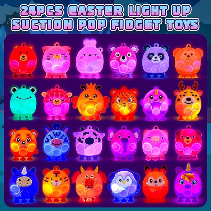 Prefilled Easter Eggs with Light Up 3D Animal Pop Toys, 24 Pack Easter Eggs Filled, Easter Basket Stuffers for Toddler Eggs Hunt, Glow in The Dark Easter Egg, Easter Gifts for Kids