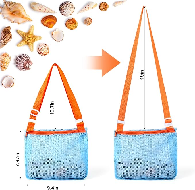 Vodolo 2 PCS Beach Mesh Shovel with 2 PCS Mesh Beach Bag for Filter Sand, Kids Shell Collecting Scooper for Picking Up Shells, Shark Tooth Sifter for Boys and Girls, Beach Toy
