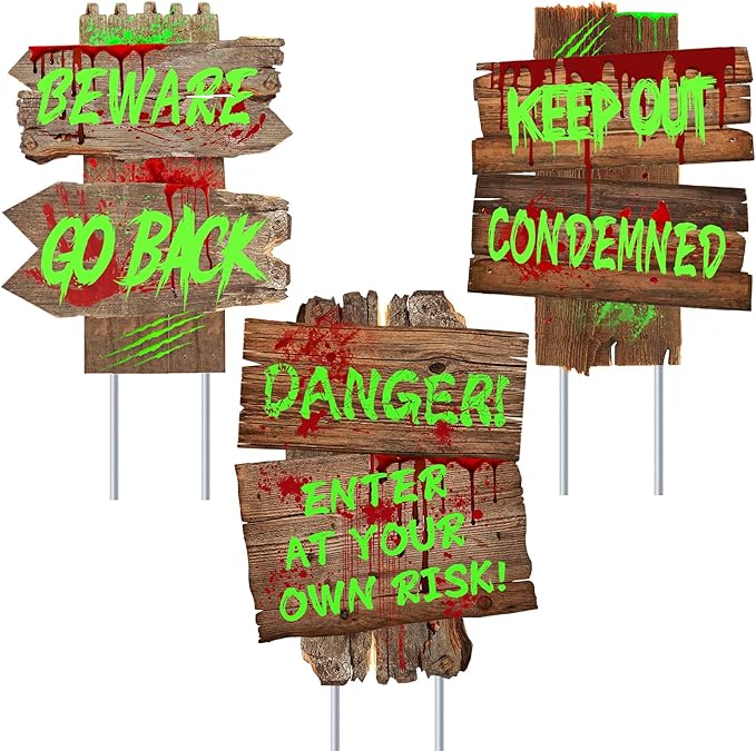 Halloween Decorations Beware Signs Yard Stakes Outdoor Creepy Assorted Warning Sign,Scary Zombie Theme Party Decor Supplies,3 Pieces