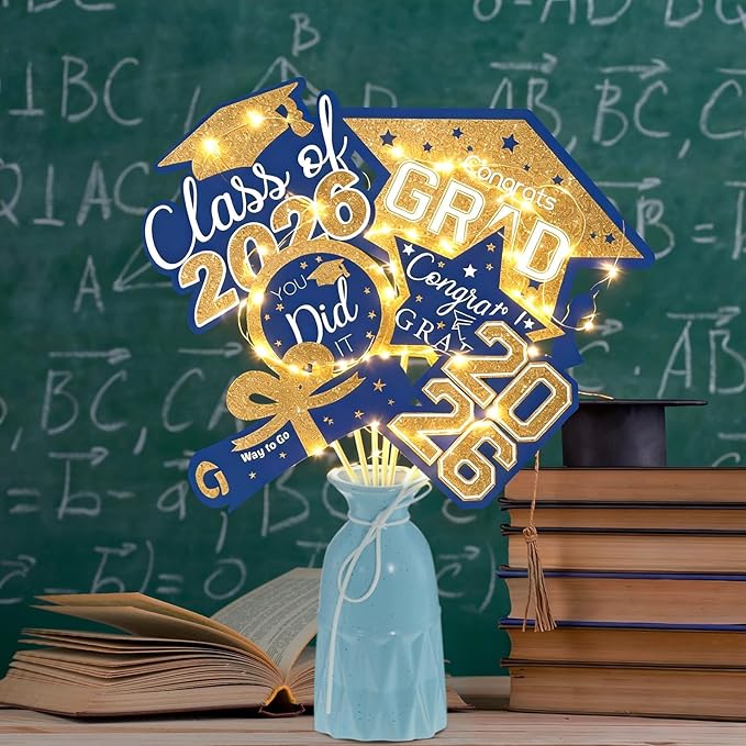 OuMuaMua Graduation Decorations Class of 2026-30pcs Blue and Gold Graduation Table Centerpieces Sticks Table Toppers with Lights for College High School Congrats Grad Party Supplies