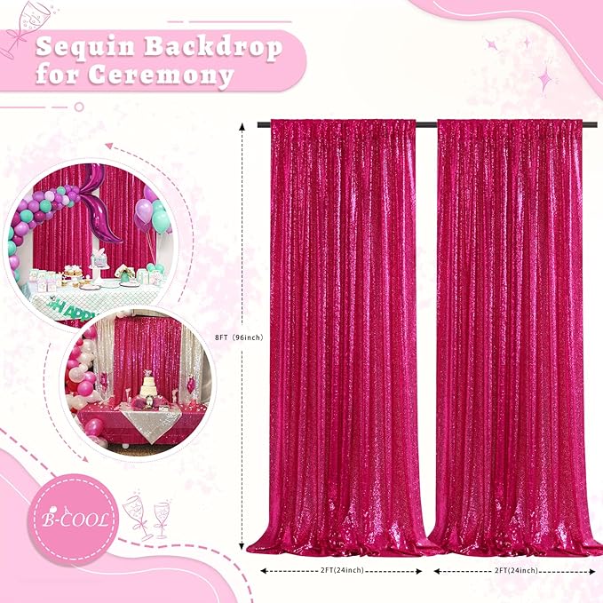 B-COOL Fuchsia Sequin Backdrop Curtains Hot Pink Glitter Backdrop 2 Panels 2ftx8ft Girls Party Backdrop Fabric for Sweetheart Birthday Wedding Party Decorations