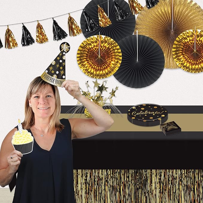 Beistle Black & Gold Striped Tablecovers, 54” x 108”, 3 Pieces – Plastic Table Cloth, Rectangular Tablecloth, Table Covers for Party, Graduation Tablecloth, Awards Night Decorations
