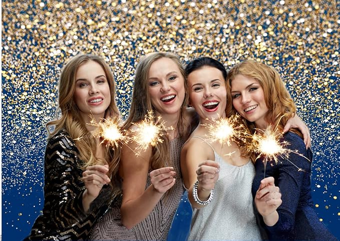 CHAIYA 8X6FT Royal Blue Glitter Backdrop With Gold Spots Bokeh for Birthday, Wedding, Prom, Graduation Photography Background