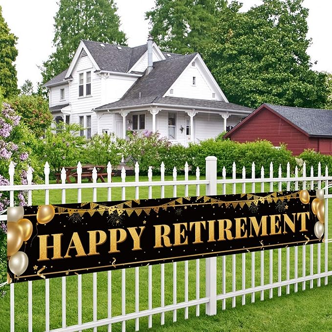 Large Happy Retirement Banner, Black and Gold Retirement Banner Sign, Party Decorations Supplies (9.8x1.6ft)