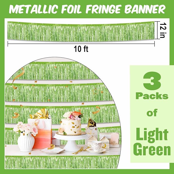 3 Pack 10 Ft Light Green Foil Fringe Garland Metallic Streamers Tinsel Banner Wall Hanging Garland Backdrop for Parade Floats, Halloween, Christmas, Thanksgiving, New Year Party Decorations