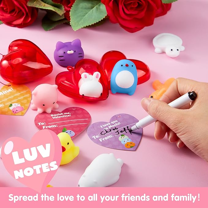 JOYIN 28 Packs Valentine Day Gift Cards with Mochi Squishy Toys and Filled Hearts for Kids Valentine Classroom Exchange, Kawaii Stress Relief Toys School Gifts Exchange, Games Prizes