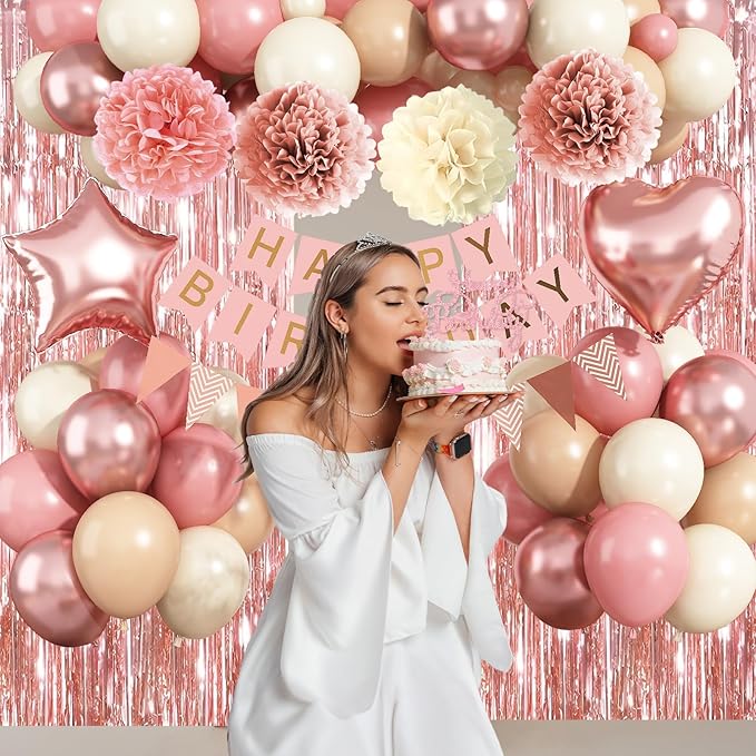 Blush Pink Birthday Decorations, Rose Gold Nude Party Décor with Foil & Latex Balloons Sash Fringe Curtains Happy Birthday Banner Cake Topper Paper Pompoms Party Decor for Women Girl