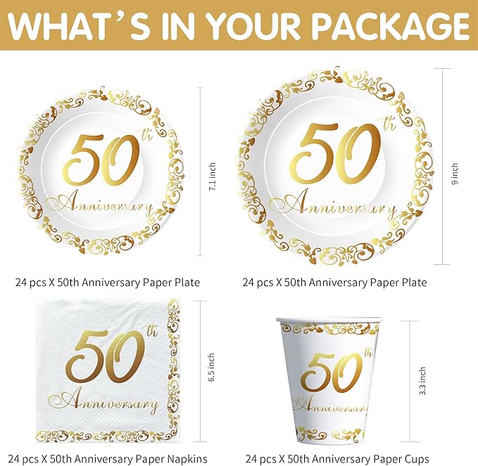 APOWBLS 50th Anniversary Decorations And Supplies Tableware - Golden 50 Year Wedding Anniversary Decorations, Party Plate, Cup, Napkin, Tablecloth, Cutlery, Paper Straw | Serve 24