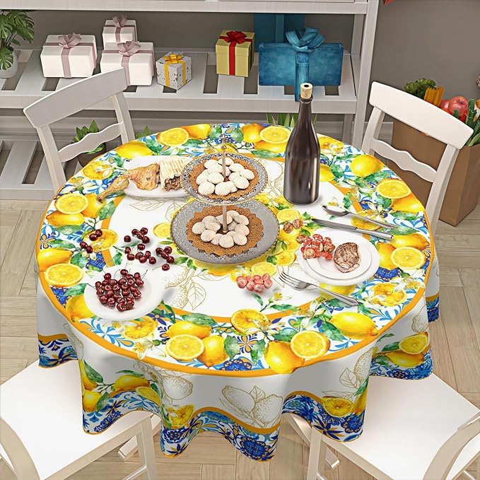 Lemon Round Tablecloth 70 Inch Yellow and Blue Circle Table Cloth Summer Holiday Table Cover Washable Polyester Decorations for Season Home Kitchen Dinning Party
