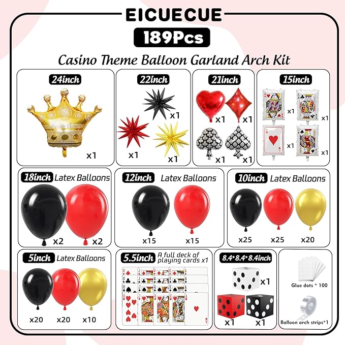 Casino Balloons Arch Kit - Latex Balloons, Dice Boxes, Full Deck of Big Pokers, Star, Crown Balloon Garland Kit for Birthday Anniversary Game Night Las Vegas Casino Theme Party Decorations