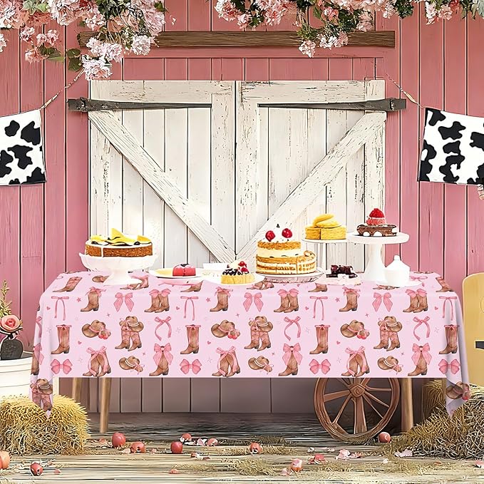 6Pcs Western Cowgirl Tablecloth Coquette Bow Cowgirl Birthday Party Tablecover 51x86 inch Cowboy Rodeo Table Cloth Western Theme Party Decoration Birthday Party Supplies
