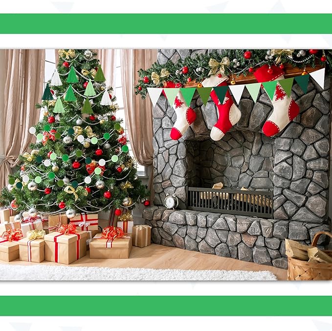 Irenare 9.8ft Pom Pom Garland Felt Rainbow Garland Graduation Party Decoration Colorful Pennant Tassel Banner Birthday Baby Shower Triangle Banner for Classroom School Mantel Fireplace(Gradient Green)