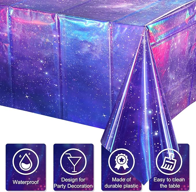 6Pcs Iridescent Space Tablecloths, Disposable Plastic Purple Galaxy Table Cloth Rectangle Table Covers for Space Starry Night Star Theme Party Birthday Party Decorations, 54x108 Inch