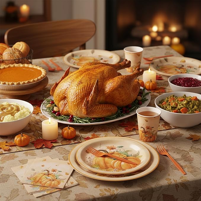 Mostop 126 Pcs Tableware Set - Fall Harvest Disposable Dinnerware with Plates, Napkins, Forks, Table Covers for Autumn Celebrations, Thanksgiving Day, and Harvest Festival, Serves 25 Guests