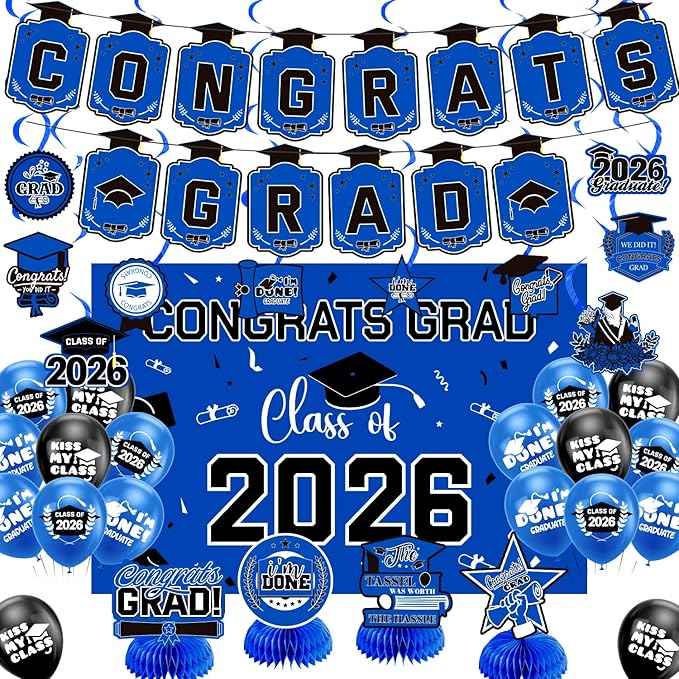 Graduation Decorations 2026 Blue Themed Set - Congrats Grad Banner, Class of 2026 Backdrop, Balloons & Streamers Kit - Complete Party Supplies for High School & College Celebrations