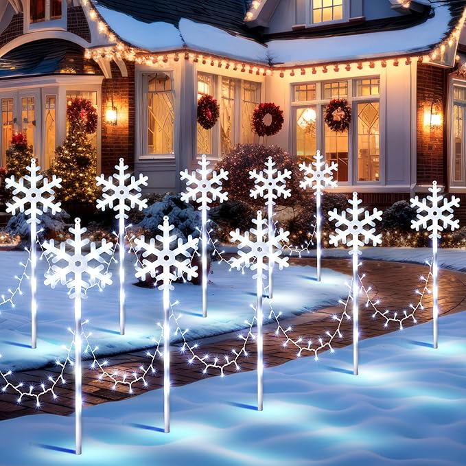 10 Pcs Christmas Snowflake Pathway Stake Lights for Outdoor Yard, 370 Bright LEDs Waterproof Large Christmas Snowflake Light Decoration for Garden Lawn Driveway Walkway Decor(Cool White)