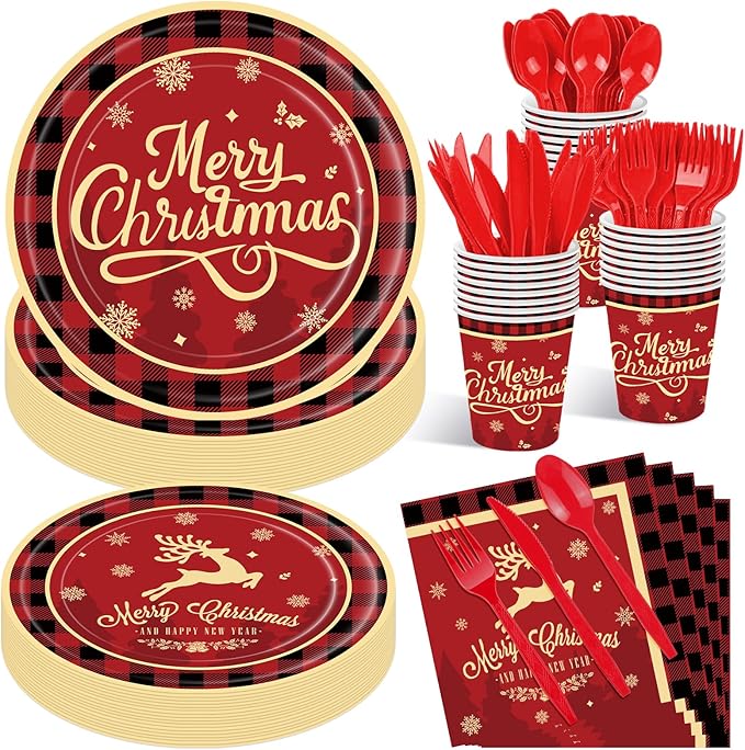 175 Pcs Merry Christmas Party Supplies Set - Serves 25, Festive Red and Black Plaid Disposable Tableware, Includes Paper Plates, Cups, Napkins, Forks, Spoons, Knives for Xmas Holiday Celebrations