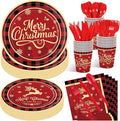 175 Pcs Merry Christmas Party Supplies Set - Serves 25, Festive Red and Black Plaid Disposable Tableware, Includes Paper Plates, Cups, Napkins, Forks, Spoons, Knives for Xmas Holiday Celebrations
