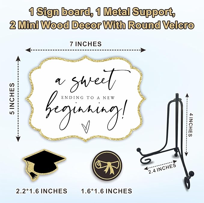 A Sweet Ending To A New Beginning - 5"X7" Graduation Wooden Buffet Sign, Candy Sign With 1 Metal Support，2 DIY Wood Decor With Velcro, Grad Party Decor & Supplies(Gold) - B01