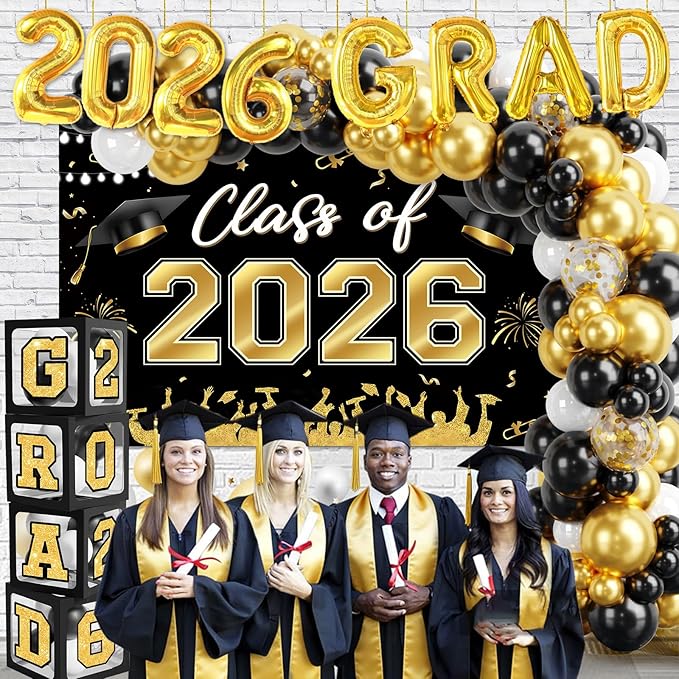Graduation Decorations Class of 2026-123pcs Black Gold Graduation Party Decorations include Balloon Boxes with Letters, Balloon Arch Kit and Backdrop for 2026 Grad Party Supplies