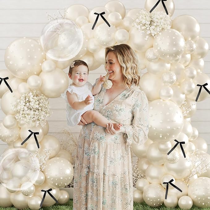 Double Stuffed Pearl Balloon Arch Kit,229Pcs Bow Balloon Arch Kit with Pearl Sticker Bubble Balloons Ribbon Bow for Coquette Bow Theme Birthday Baby Shower Wedding Bachelorette Bridal Shower Party