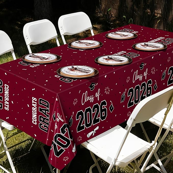 QZYL 4 Pack Graduation Table Decorations 2026, 54" x 108" Maroon Graduation Table Cloths, Disposable Grad Party Decorations for Class of 2026 Congrats Grad, Rectangle Plastic Tablecloth for College
