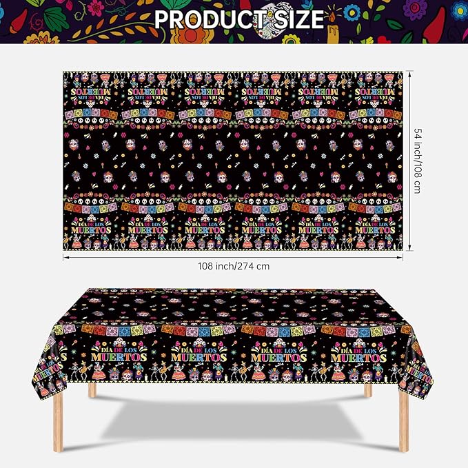 2 Pcs Day of The Dead Table Cloth - Plastic Dia De Los Muertos Tablecloth, Disposable Sugar Skull Floral Table Cover for Halloween Mexican Fiesta Party Decorations Supplies Favors, 108 x 54 Inch