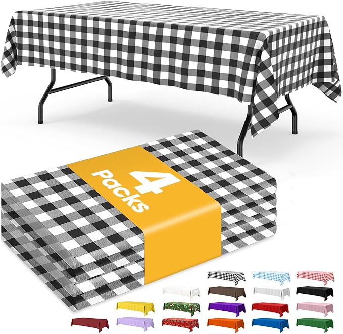 Black Checkered Plastic Table Cloth - 4 Pack 54" × 108" Rectangle Disposable Tablecloths for 6FT Tables, Table Cover for Party, Holiday & Gathering Use