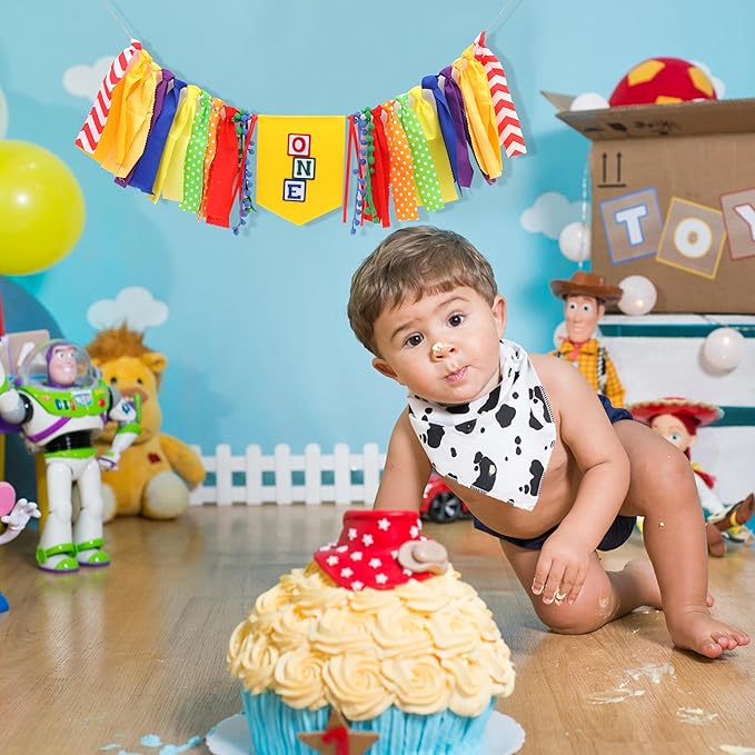 Letter Blocks One High Chair Banner - First Birthday Decorations, Nursery Rhyme Highchair Garland With Ribbon Fabric,1st Birthday Photo Props,Cake Smash Party Colorful Banner