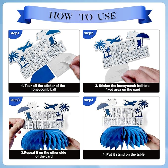 25Pcs Retirement Party Decorations for Men Women, Blue Silver Happy Retirement Banner Hanging Swirl Balloons Honeycomb Centerpiece Party Supplies Set