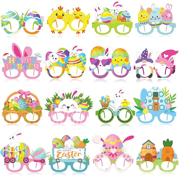 16 Pcs Easter Party Decorations Paper Glasses Bunny Photo Booth Props Supplies for Happy Spring Easter Birthday Party