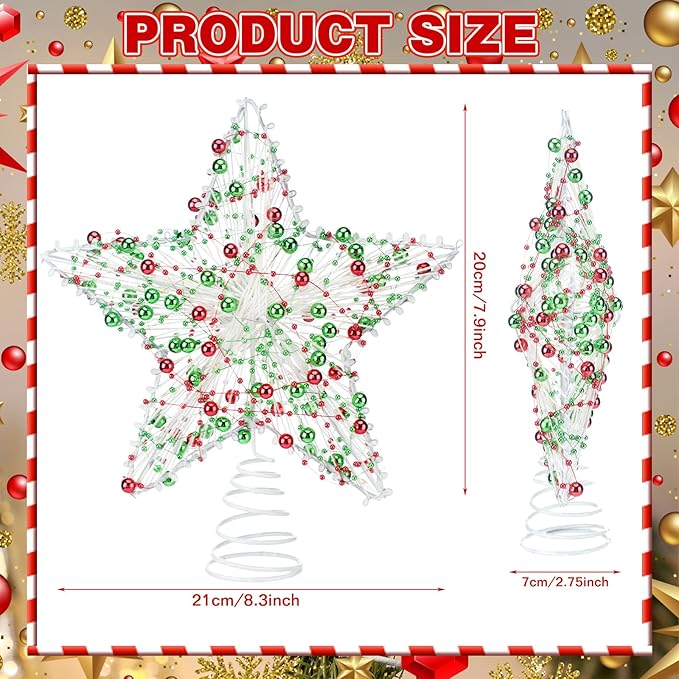 Christmas Star Tree Topper 8.3 Red Green Berries Decor 3D Star Treetop LED Lights Battery Powered Xmas Tree Ornament for Christmas Party Indoor Outdoor Home Decoration
