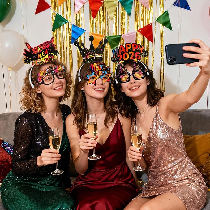Konsait 40 PCS New Years Eve Party Supplies, Colorful Happy New Years Glasses, New Year Headband, 2026 New Year Noise Makers for Happy New Years Decorations 2026 Kit New Years Eve Party Favors