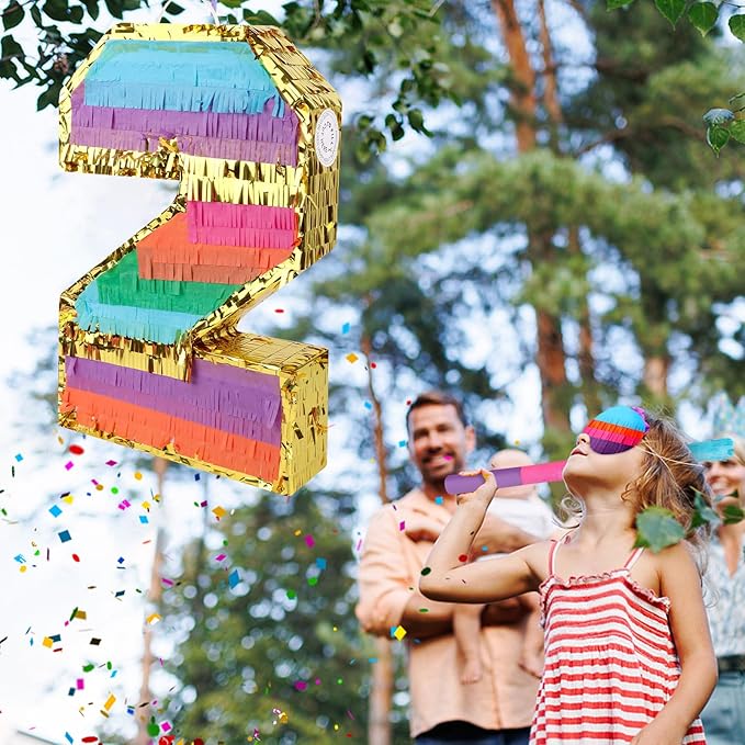 Rainbow Number 2 Pinata Birthday Decorations for Kids, Rainbow Pinata with Bat Stick Blindfold for Boys Girls 2th Birthday Celebrations Baby Shower Party Supplies (16.1x10.6x2.9 Inches)