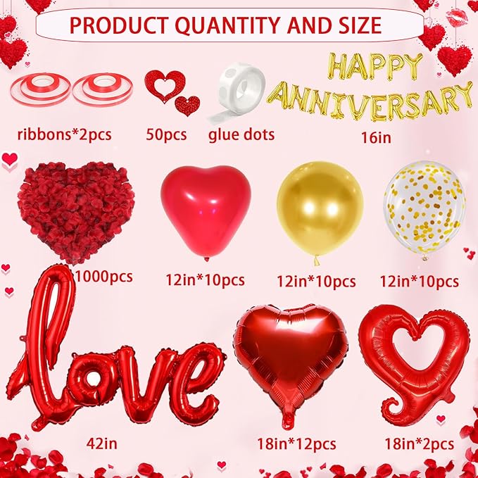 Happy Anniversary Decorations with Gold Happy Anniversary Banner, Red Heart Balloons, Love Balloon, Silk Rose Petals and Heart Hanging Decor for Valentines Day, Wedding, Bridal Shower Decorations