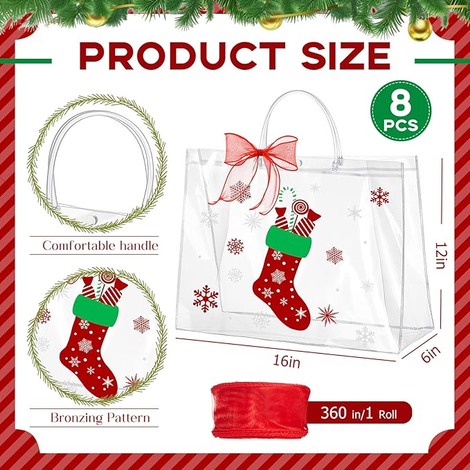 Henoyso 8 Pcs Christmas Clear Gift Bags Plastic Candy Treat Goodie Bags Red Foil Santa PVC Wrap Totes with Handles and Ribbon Xmas Party Favors (Christmas Tree,Socks,16x 6x 12 Inch)