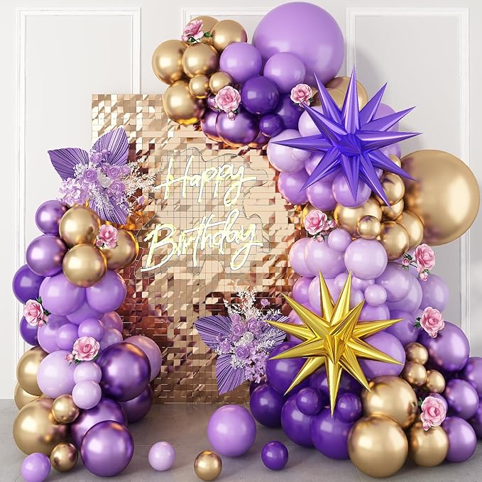 Purple Balloons Garland Arch Kit, Dark Purple Lavender Light Pastel Balloon Metallic Gold Balloons and Explosion Star Foil Balloons for Women Birthday Wedding Party Decorations Supplies