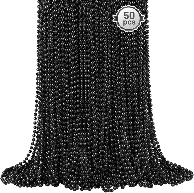 50 PCS Black Bead Necklaces, Black Mardi Gras Beads, New Year Eve Necklaces, 33 Inch Round Halloween Beaded Necklace, Party Beads for Mardi Gras, Christmas, Halloween, New Year Party Favors