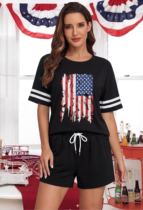 VILOVE 4th of July 2 Piece Sequin Outfits Women 250 Anniversary Usa Shirts and Short Sets Casual Patriotic Shirt Summer Set